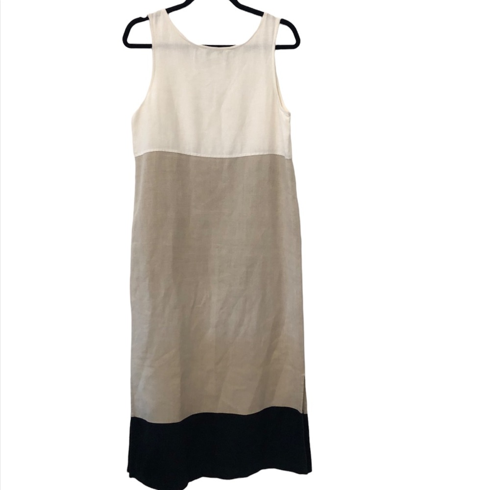 John Paul Richards Linen Long Color Block Dress Neutral & Black Women’s Size M - Picture 2 of 3